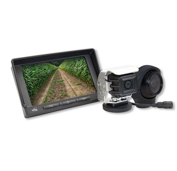 Kamera Monitor System zeigt Monitor mit ländlichem Motiv daneben CMOS Kamera und Kugelkamera