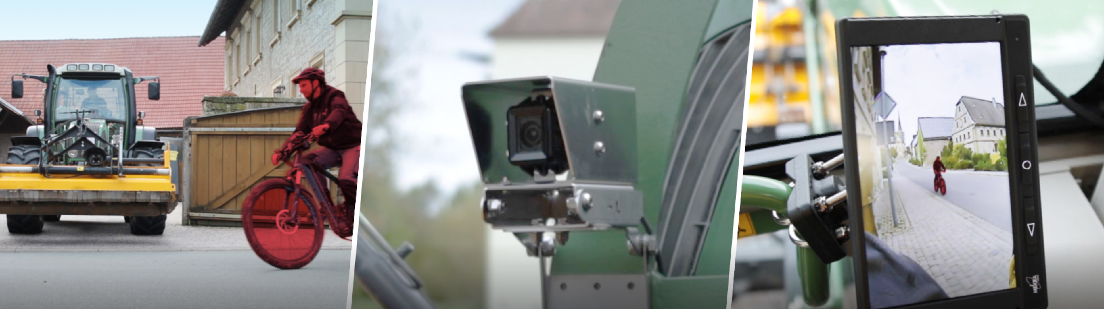 Banner in 3 Segmente unterteilt. Linkes Bild Fahradfahrer markiert in rot fährt vor einen Traktor, Mitte QKMS basic Kamera im Gehäuse, rechts MEKRA Monitor.