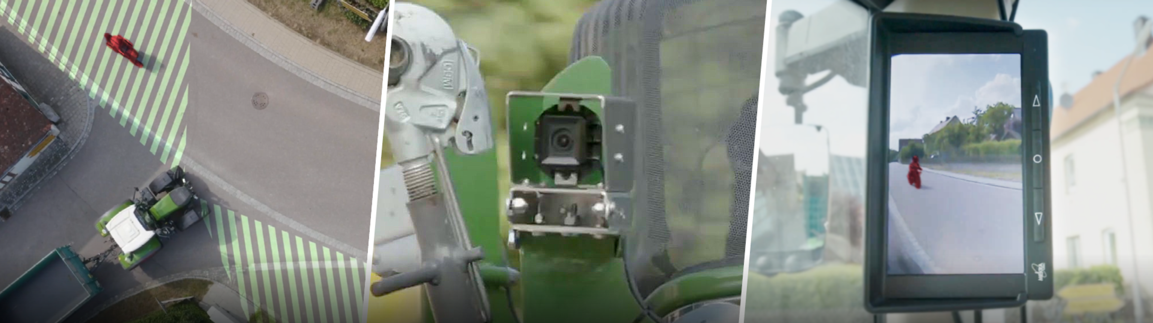 Basic QKMS System, Frontkamera für Traktoren mit Frontanbau. 3 Teiliges Bannerbild zeigt links Gefahrenzone, bzw. Sichtfeld um den Traktor. Mitte Bild von der Kamera im Gehäuse. Rechtes Bild zeigt Fahrradfahrer im Monitor.