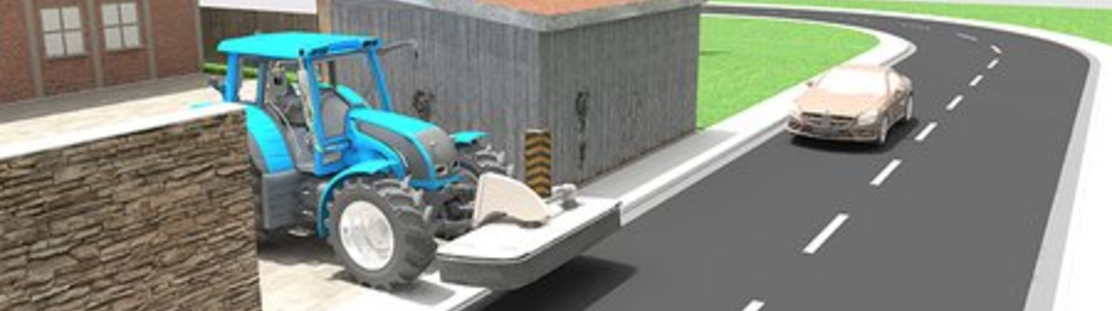 Traktor mit Frontanbau in schematischer Darstellung. Bild zeigt den Frontanbau aus einer Ausfahrt in die Straße schauend mit annäherndem Auto